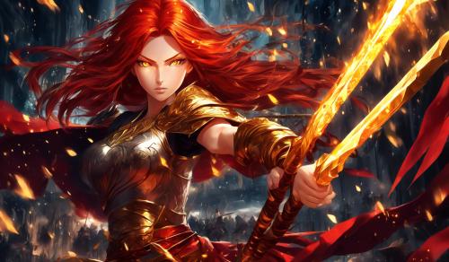 red haired warrior woman with determined golden Eyes fighting with a magical spear