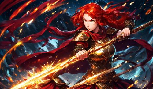 red haired warrior woman with determined golden Eyes fighting with a magical spear