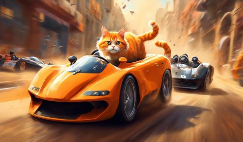 Orange tabby and tuxedo cat racing cars