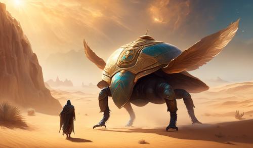 Giant scarab with a saddle in a desert