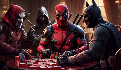 Deadpool, batman and ezio playing poker while smoking