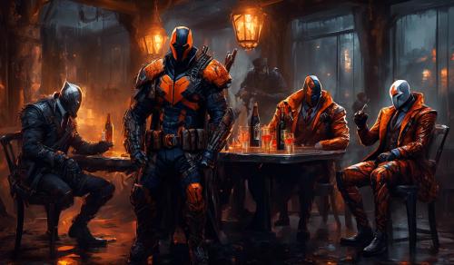 Carnage, eivor, deathstroke and wolwerine are drinking in fancy suits