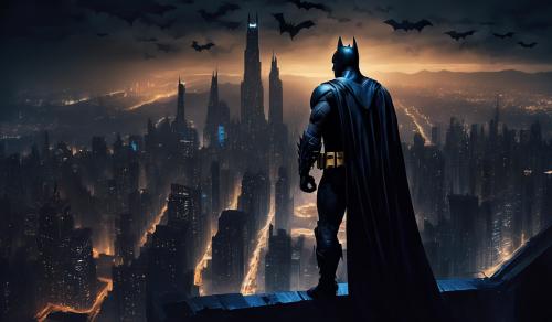 batman standing on a building at night looking down at the city