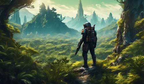 Bounty hunter on a overgrown forest like planet with mountains along the skyline.