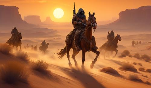 Bounty hunter down his scope at enemy, in a super dry desert like bioem with horses runnning in the back, while the sunsets on the great platu