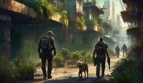 Bounty hunter with his lab walking through an Apocalypic city over taken by the overgrown plants, with his wife and their weapons.