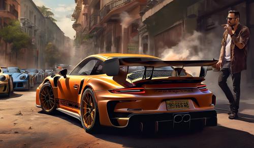 Guy leaning against porsche gt3 rs, smoking cigar, distopian