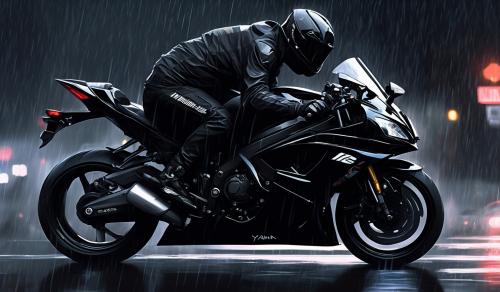 Guy in all black riding black yamaha r6, gloss, dark, rain 