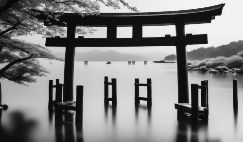 Black and white Japanese torii gate. In the middle of the water.