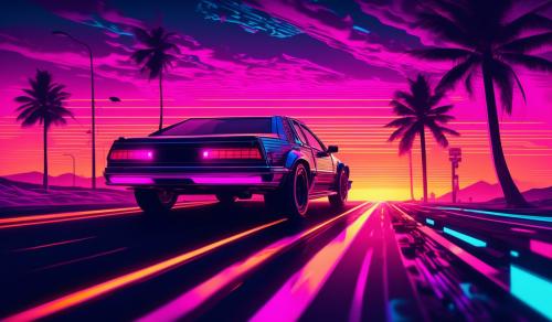 Car driving down retro Sunset