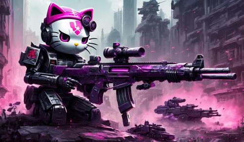 Goth hello kitty wearing platforms shooting a sniper rifle at megatron from transformers