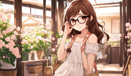 simple brown haired girl with black glasses white skin and a cute blush wearing a sundress