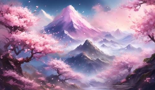 Sakura blossoms with mountain on back