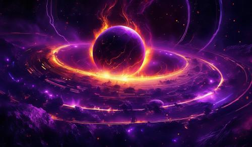 one planet burning in flames in the huge, deep dark purple space, revealing the planet's burnt area as electric circuits. on the revealed electric circuits, there is one label saying 