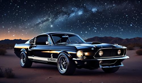 Black 1967 Shelby GT500 Mustang with a starry night sky in the background