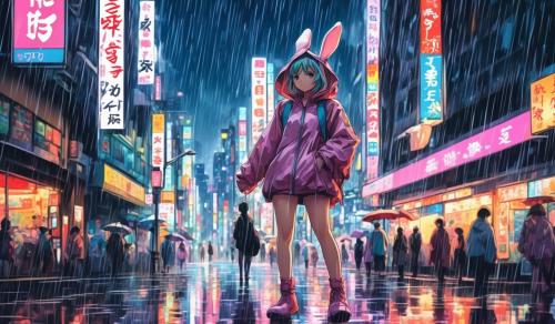 Anime girl in a bunny suit walking in the rainy city of Tokyo japan