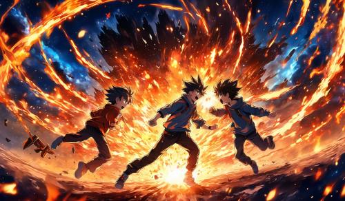 two süper powered boy fighting each other on space with big explosions and flames