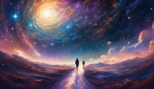 The one way road to Heavens surrounded by stars and space. One man walking with his friend on that road