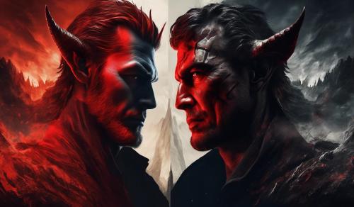 split screen wallpaper with half side face of good man and another half side face of a devil man