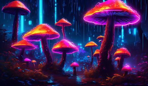 Neon mushrooms with neon rainfall