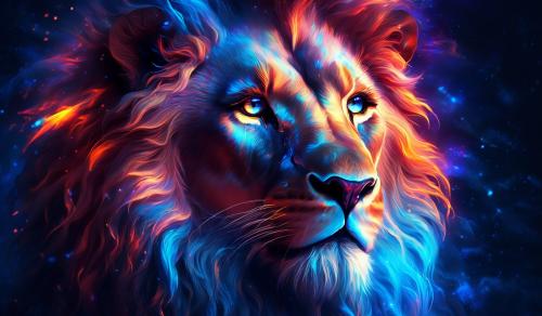 Lion with blue eyes in neon fire