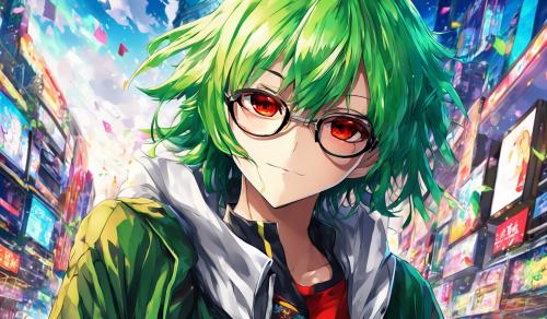 Green hair, slim body, glasses, red eyes