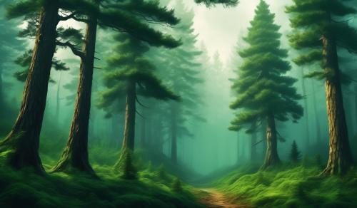 Misty deep rich green pine tree forest 