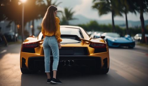 a girl with blouse and short pant learning back on the sport car 