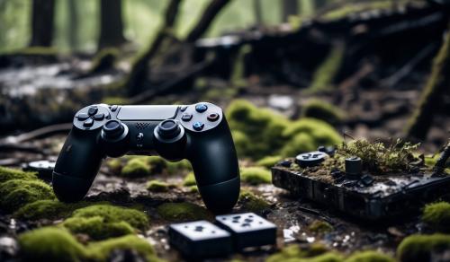 It shows a Playstation 4 controller lying in a destroyed and abandoned environment, covered with various wastes and moss. The Playstation 4 controller is black in color