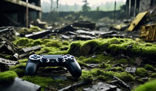 It shows a Playstation 4 controller lying in a destroyed and abandoned environment, covered with various wastes and moss. The Playstation 4 controller is black in color and has obvious signs of wear and tear. An old yellow toy car can be seen in the background, partially buried under debris, and a rusty metal container covered in green moss can be seen on the right. The ground is littered with overgrown plants and debris, a sign of long-term neglect. The atmosphere is dark and eerie due to the lighting and the state of distortion of each element. It depicts a scene of abandonment and decay. and from a straight forward perspective