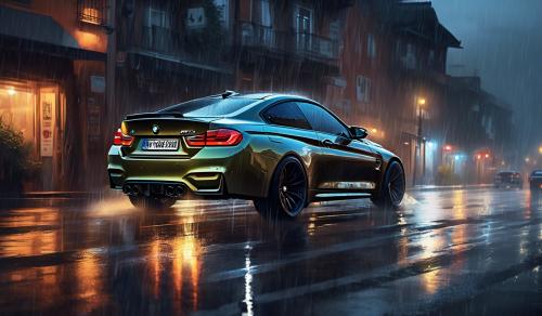 BMW M4 on a street from behind in the evening with rain