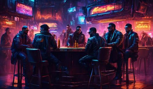 create an Image of antonion montana and his gang sitting at the bar in a cyberpunk style futuristic City with scarface aspects 