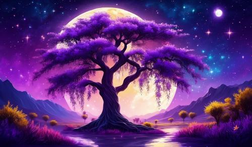 Big willow tree and purple flower landscape and colorful stars with moon and sun 