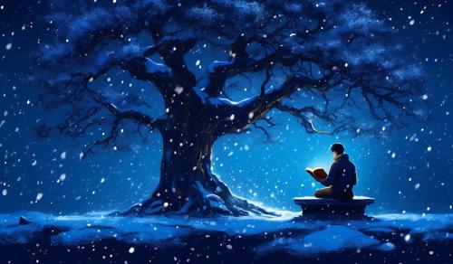 a man reading a book under a beautiful dark blue tree, it is snowing and at night