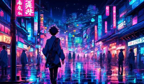 beautiful magical boy in the night streets of Japan (neon)