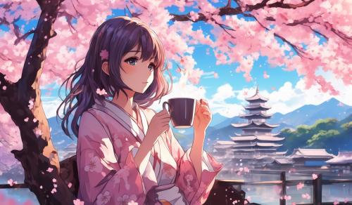 Girl drinking coffee next to cherry blossom tree