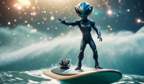 Alien warrior standing on a surfboard with rocket boosters in space flipping camera off