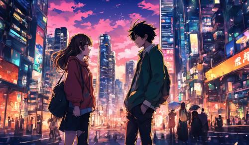 Create an anime couple in a big city