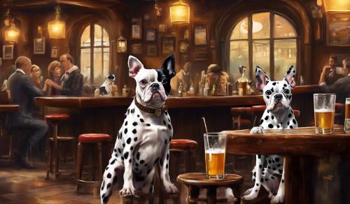 Boston terrier and dalmatian at the pub