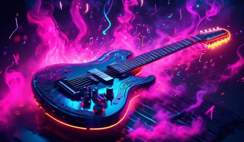 neon guitar with notes coming out surrounded by smoke