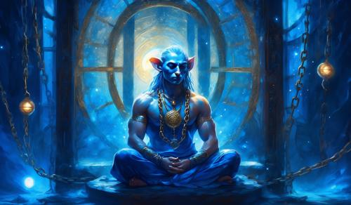 bright blue prisoner in a cell with the moon shining in the window prisoner is levitating in lotus position and chains keeping him chained close to the floor he is heavily muscled eyes closed but third eye is open and glows from the centre of his forehead he has a pet rat sitting on his shoulder