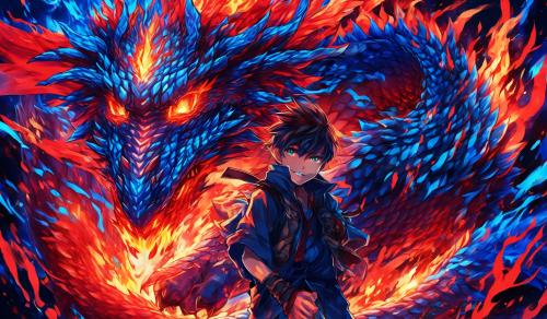 Dragon boy with blue and red flames