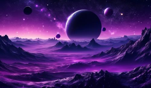 Black space, purple planet with rings, millions of stars