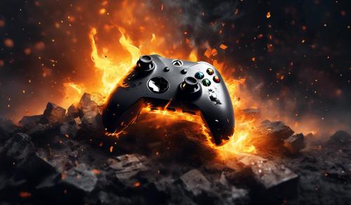 Xbox. Controller on fire with ashes falling