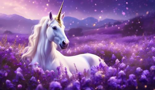 A SNOW WHITE UNICORN WITH A SOLID GOLD HORN LAYING IN A FIELD OF PURPLE FLOWERS