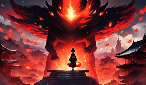 Girl with short black hair standing next to a black and red kitsune, looking down to a burning village in japan