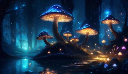 dark night, glowing mushrooms, fantasy