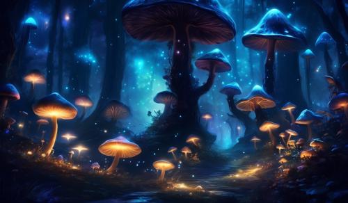 dark night, glowing mushrooms, fantasy