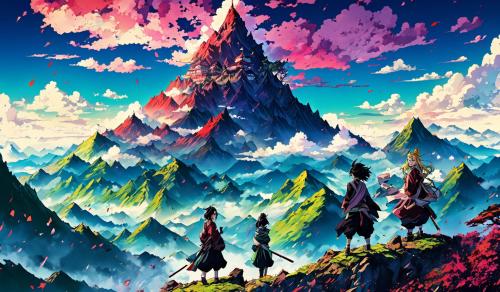 A demon slayer principal characters in a beautiful montain