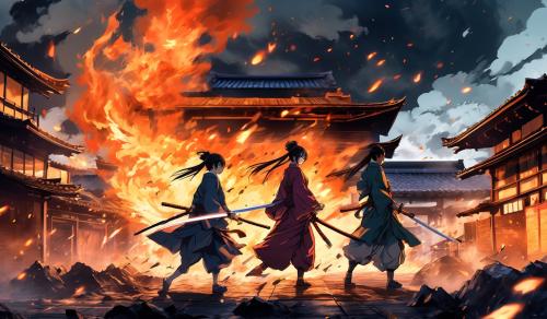 Two magic swordsmen fighting in wartorn kyoto. One swordsmen is a woman. Other swordsman is secretly a woman. Smoke bellowing in the distance. Buildings destroyed and on fire. 